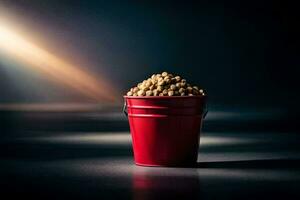 uma vermelho balde preenchidas com feijões em uma Sombrio fundo. gerado por IA foto