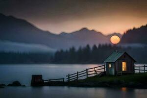 uma pequeno cabine senta em a costa do uma lago às pôr do sol. gerado por IA foto