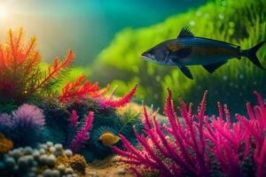 peixe natação dentro a oceano com colorida coral. gerado por IA foto