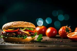 uma Hamburger com tomates e de outros legumes. gerado por IA foto