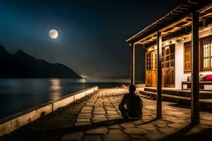 uma homem sentado em a terra dentro frente do uma casa às noite. gerado por IA foto