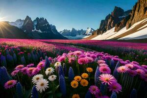 a Sol brilha em uma campo do flores e montanhas. gerado por IA foto