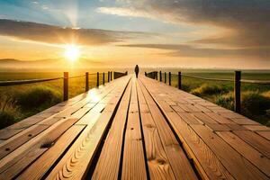 uma de madeira ponte sobre uma campo às pôr do sol. gerado por IA foto