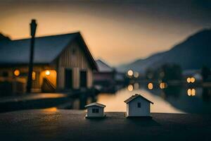 pequeno casas sentado em a Beira do uma lago às crepúsculo. gerado por IA foto