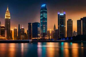 a cidade Horizonte às noite com luzes refletindo fora a água. gerado por IA foto