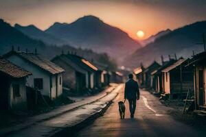 uma homem e dele cachorro andar baixa uma estrada às pôr do sol. gerado por IA foto