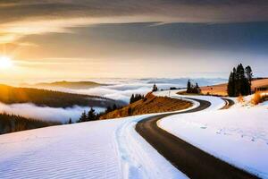 uma estrada dentro a montanhas com neve e Sol. gerado por IA foto