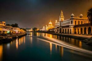 uma barco é viajando baixa uma rio às noite. gerado por IA foto