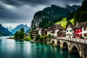 foto papel de parede a céu, montanhas, lago, casas, Suíça, alpino Vila, sw. gerado por IA