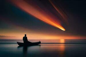uma homem dentro uma barco às pôr do sol com uma cometa dentro a céu. gerado por IA foto