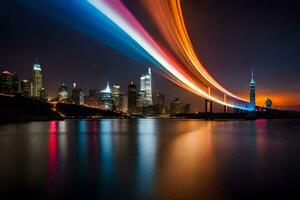 a cidade Horizonte às noite com luz trilhas. gerado por IA foto