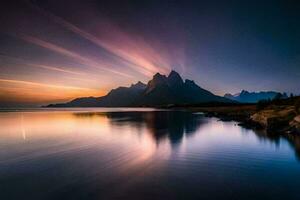 a Sol sobe sobre montanhas dentro Noruega. gerado por IA foto