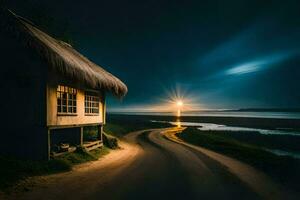 uma casa em a de praia às noite com uma cheio lua. gerado por IA foto