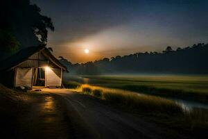 uma pequeno cabine dentro a meio do uma campo às noite. gerado por IA foto