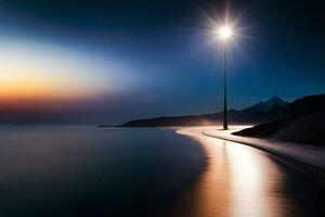 uma grandes exposição fotografia do uma rua luz em a de praia. gerado por IA foto