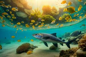 uma peixe nada dentro a oceano com uma coral recife. gerado por IA foto