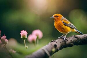 uma pequeno laranja pássaro é empoleirado em uma ramo. gerado por IA foto