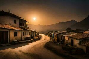 uma Vila às pôr do sol com casas e montanhas dentro a fundo. gerado por IA foto