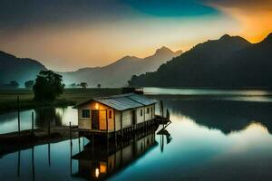 uma pequeno casa senta em a costa do uma lago às pôr do sol. gerado por IA foto