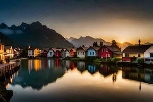 colorida casas dentro a Sol em uma lago às pôr do sol. gerado por IA foto