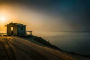 uma pequeno cabana senta em a de praia às nascer do sol. gerado por IA foto