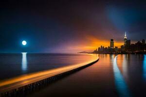 a lua sobe sobre a cidade Horizonte às noite. gerado por IA foto