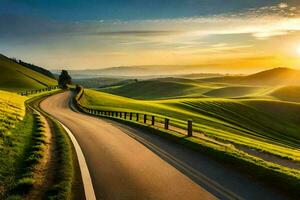 a estrada para a pôr do sol. gerado por IA foto