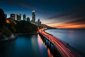 uma grandes exposição fotografia do uma cidade Horizonte às pôr do sol. gerado por IA foto