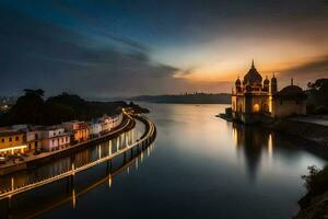 a pôr do sol sobre a lago dentro udaipur, Índia. gerado por IA foto