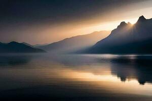 luz solar brilha através a nuvens sobre uma montanha lago. gerado por IA foto