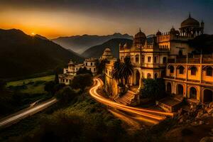 a pôr do sol sobre a Palácio dentro udaipur, rajastão. gerado por IA foto