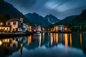 uma Cidade às noite com montanhas dentro a fundo. gerado por IA foto