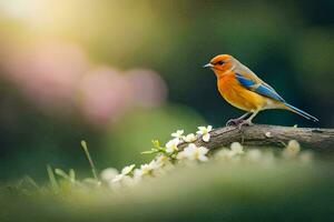 uma azul e laranja pássaro é sentado em uma ramo. gerado por IA foto