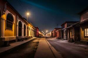 uma rua às noite com edifícios e luzes. gerado por IA foto