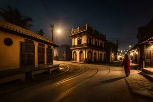 uma mulher anda em baixa a rua às noite dentro Índia. gerado por IA foto