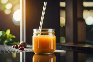 uma vidro do laranja suco com uma canudo. gerado por IA foto