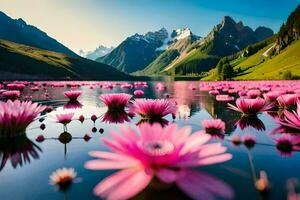 Rosa flores estão flutuando dentro uma lago com montanhas dentro a fundo. gerado por IA foto