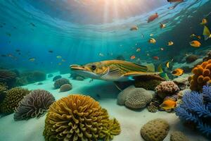 uma peixe nada sobre uma coral recife com colorida peixe. gerado por IA foto