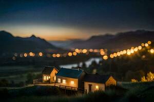 uma miniatura casa dentro a montanhas às noite. gerado por IA foto