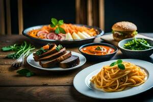 uma mesa com pratos do Comida e uma prato do espaguete. gerado por IA foto