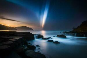 uma grandes exposição fotografia do uma brilhante luz brilhando sobre a oceano. gerado por IA foto