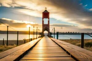 uma de madeira ponte conduz para uma vermelho relógio torre às pôr do sol. gerado por IA foto