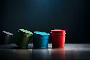 três colorida plástico containers sentar em uma mesa. gerado por IA foto