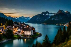 a lindo Cidade do lago luzon dentro a suíço Alpes. gerado por IA foto