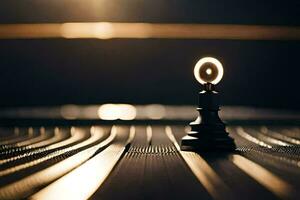uma xadrez peça em uma mesa com uma luz brilhando em isto. gerado por IA foto