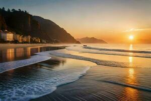 a Sol conjuntos sobre a de praia e montanhas. gerado por IA foto