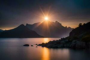 a Sol sobe sobre uma montanha alcance e lago. gerado por IA foto