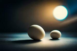 dois ovos estão sentado em uma mesa dentro frente do uma brilhante claro. gerado por IA foto