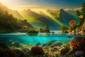 uma lindo embaixo da agua cena com montanhas e peixe. gerado por IA foto