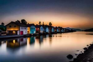 colorida casas em a costa do uma lago às pôr do sol. gerado por IA foto